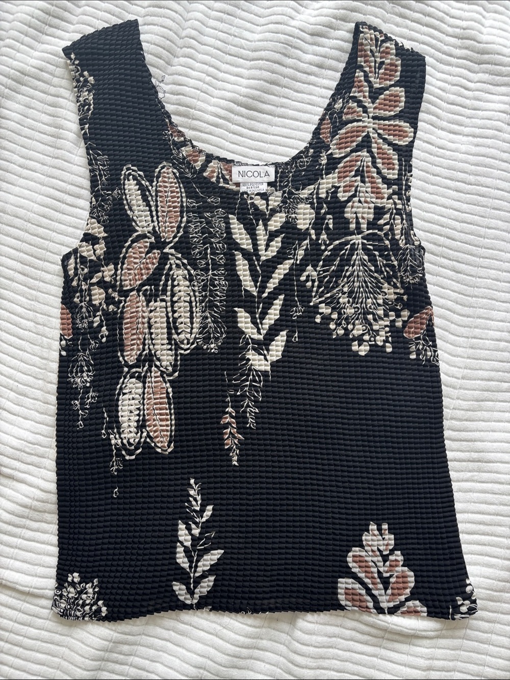 NICOLA Black Stretchy Tank with Cream & Brown Floral Print